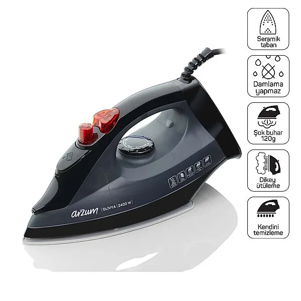 Arzum AR684 Olivya Buharlı Ütü 2400W, Seramik Taban, Dikey Buhar, Şok Buhar, Damlama Önleme, Siyah